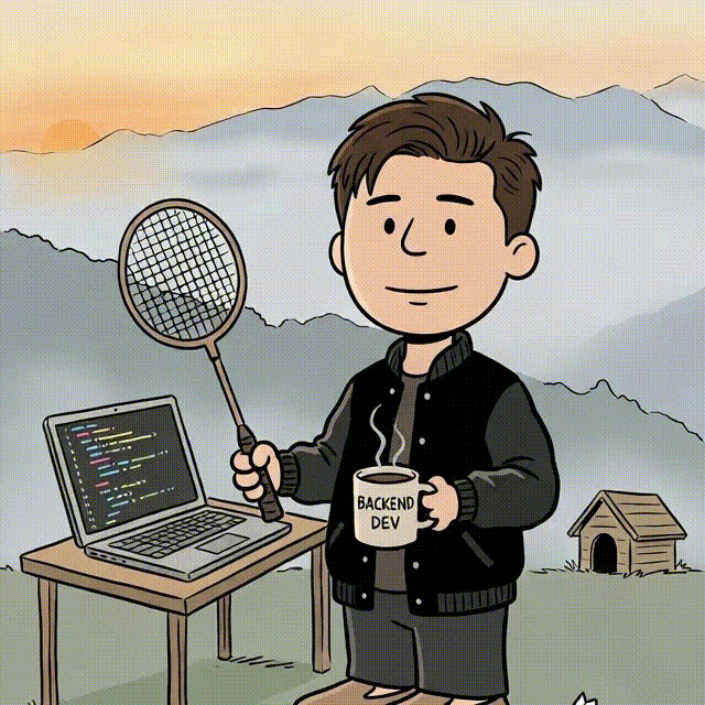 Ivander Jonathan, animated cartoon avatar with a badminton racket and coffee